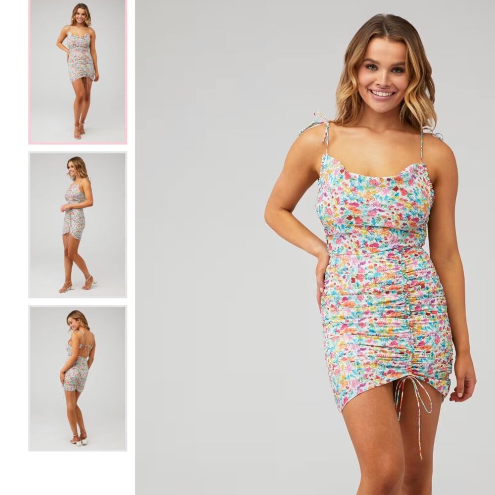 For Love & Lemons Size Small Leah Mini Dress in Multi color Floral Aqua Blue